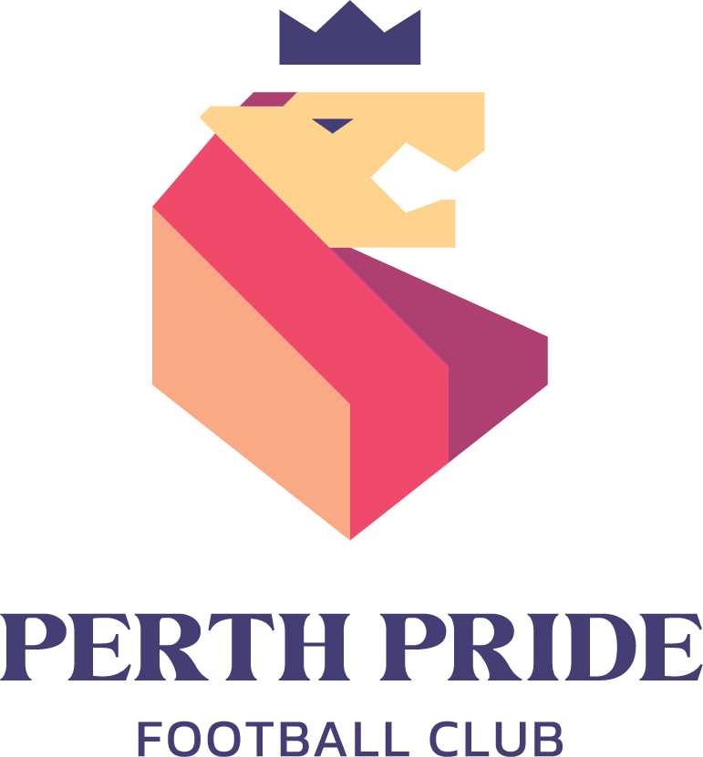 Perth Pride Football logo - a cubist-style head of a lion with orange, red, and burgundy in the mane, wearing a dark purple crown.